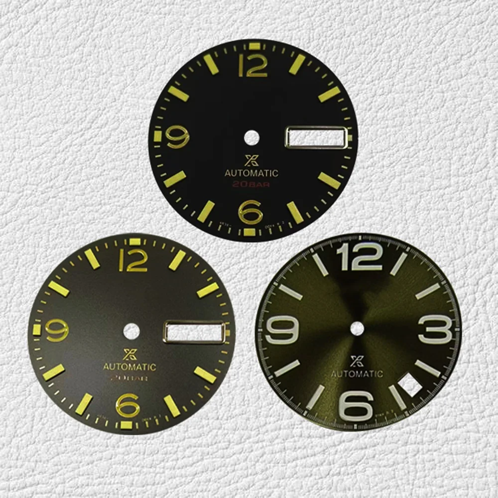 

28,5 мм двойной календарь NH36, цифровая зеленая искусственная поверхность S, логотип, циферблат, пользовательские часы, аксессуары