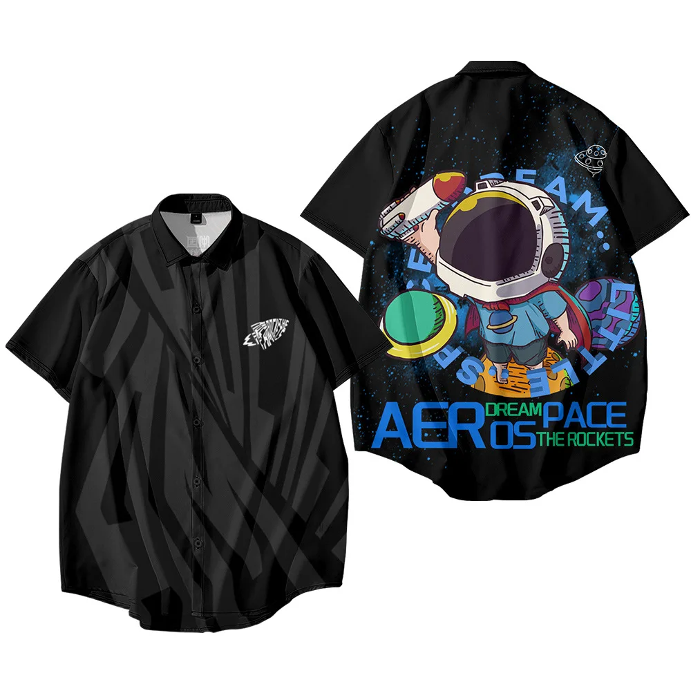 

Cartoon Astronaut Printed Hawaiian Couple Men Women Short Sleeve Beach Shirts Summer Casual Harajuku Camisa Hombre