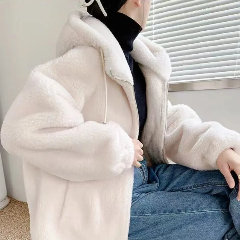 2023 New Autumn Winter Fur One Loose Hooded Short-length Sweet Fresh Warm Thick Pure Color Fashion Imitation Wool Fur Coat