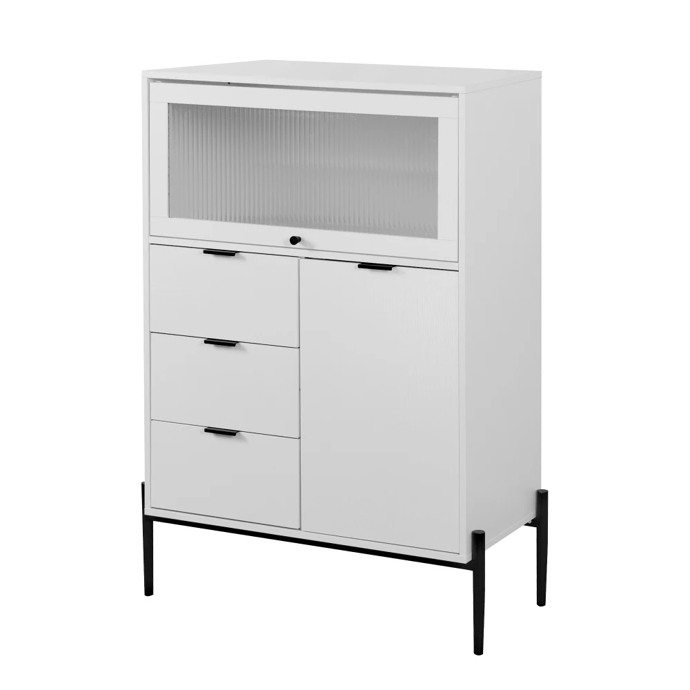 Holz-Sideboard mit 3 Schubladen, 1 Tür, 1 Glastür, Stauraum für Küche, Esszimmer, Flur, 85 x 40 x 120 cm – Detail 16