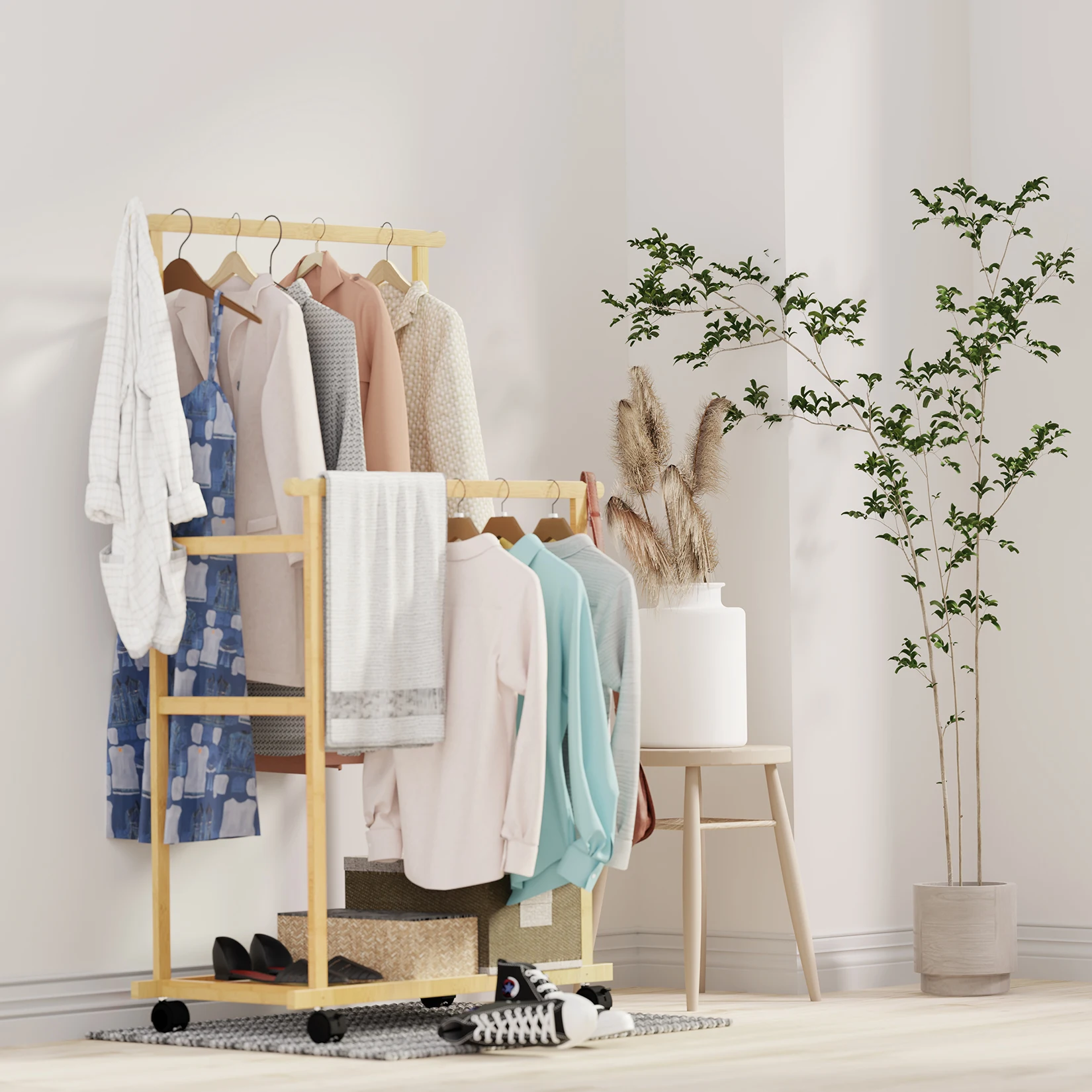 Bamboo Garment Coat Clothes Hanging Heavy Duty Rack with Shoe