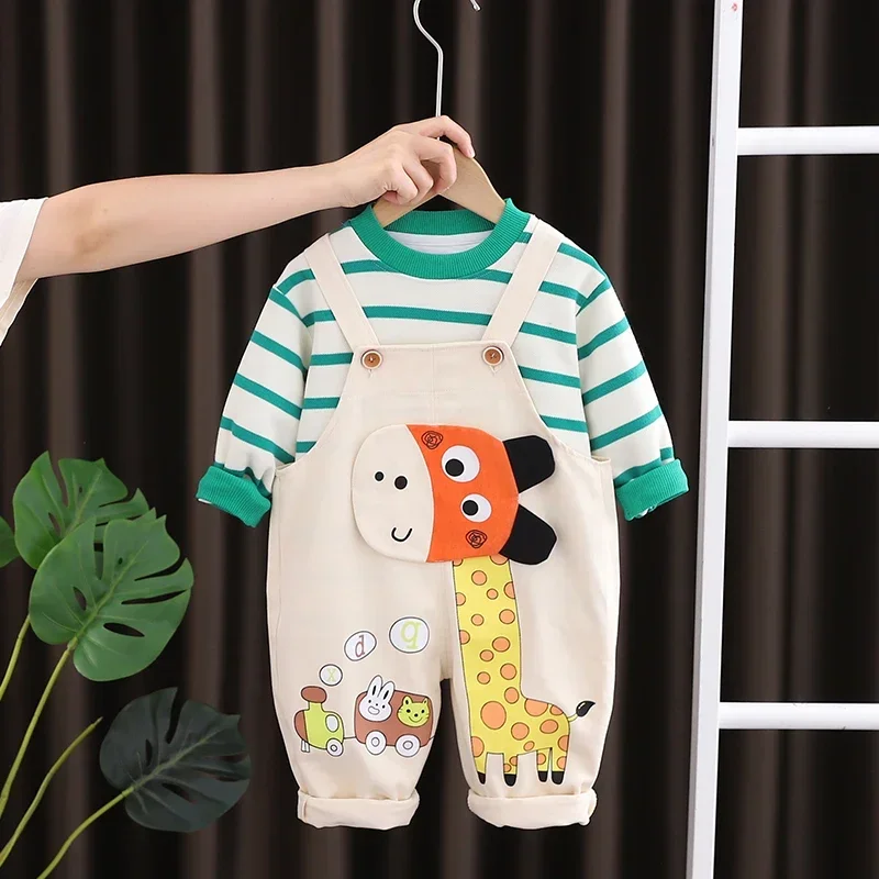 

New Spring Autumn Children Cotton Clothes Baby Girls Suit Strips T-shirt Corduroy Bib Pants 2Pcs/sets Out Kid Fashion Clothing