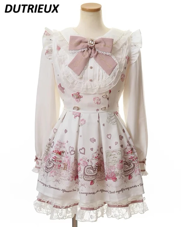Dress Two Piece Set Liz Dress Mine Sweet Printed High Waist Long Sleeve Suit Navy Neck Dresses and Bottom Skirt