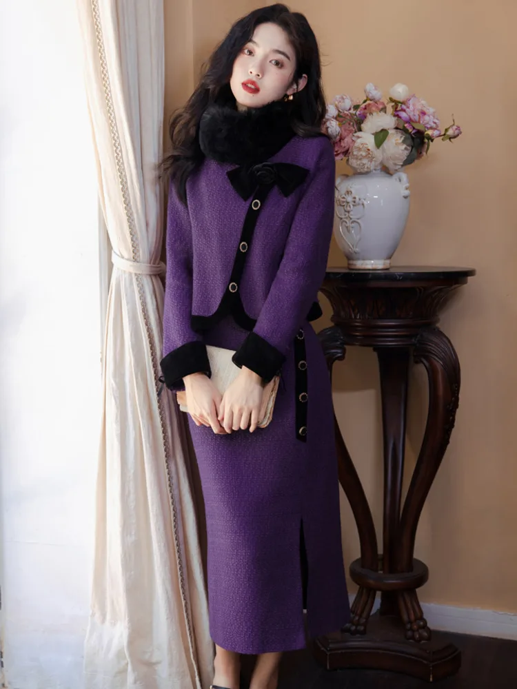 

Luxury Tweed Two Piece Set Women Outfits Female Vintage Short Jacket Coat + Long Skirt Sets Autumn Winter Woolen 2 Piece Suits