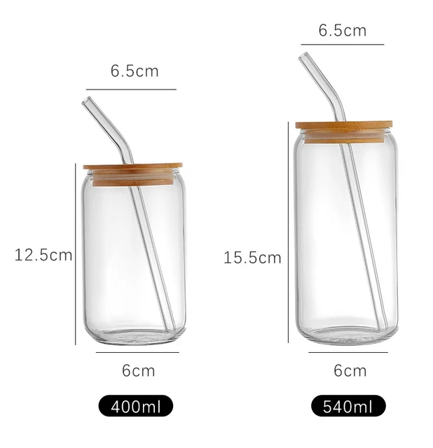 UPTRUST Drinking Glasses with Bamboo Lids and Glass Straw 4pcs Set, 24 oz Can Shaped Glass Cups, Beer Glasses, Iced Coffee Glasses, Cute Tumbler Cup