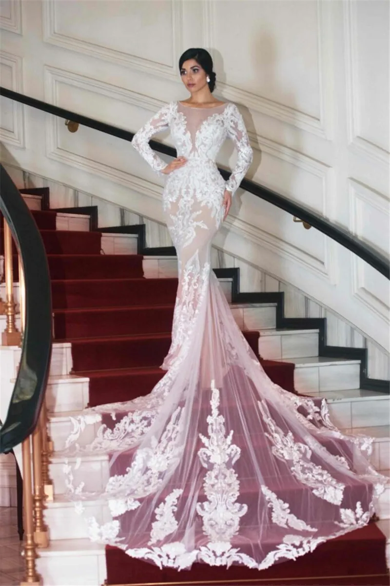 

Vintage O-Neck Long sleeve Spanish wedding dress Luxury Lace Backless Mermaid Wedding Dresses Illusion Bridal Gown