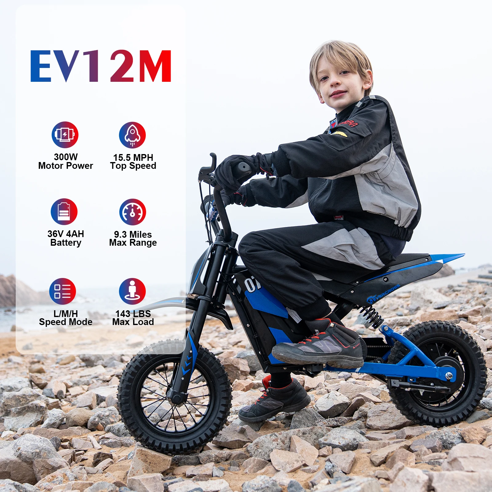 EVERCROSS EV12M Electric Dirt Bike,300W Electric Motorcycle,15.5MPH & 9.3 Miles Long-Range,3-Speed Modes Motorcycle