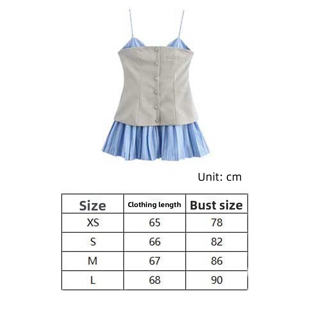 Striped Sleeveless Dress Patchwork Wide Pleated Blue Color Suspenders Short Skirt Casual Loose College Style Pleated Skirt