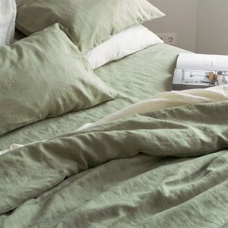 

100% Pure Linen Bedding Set Including 1 Quilt Cover 2 Pillowcases Grey Green Soft Bed Linen Duvet Cover Double Size Set