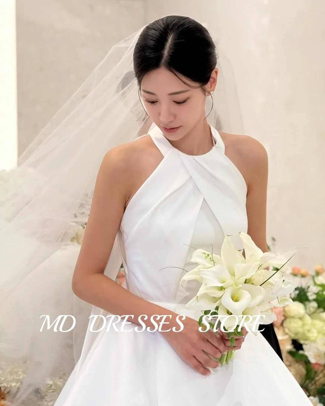MD Simple Satin A-line Wedding Dresses Halter Sleeveless Pleat Korea Photoshoot Floor-Length Corset Back Customized Bride Gowns 4
