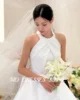 MD Simple Satin A-line Wedding Dresses Halter Sleeveless Pleat Korea Photoshoot Floor-Length Corset Back Customized Bride Gowns 4
