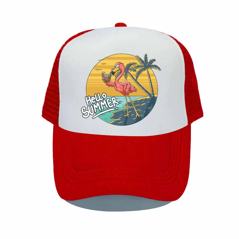 Hello Summer Beach Vacation Mesh Baseball Cap Cool Flamingo Drinking Coconut Snapback Caps Sea Gull Mew Sunset Trucker Hat YY534 3