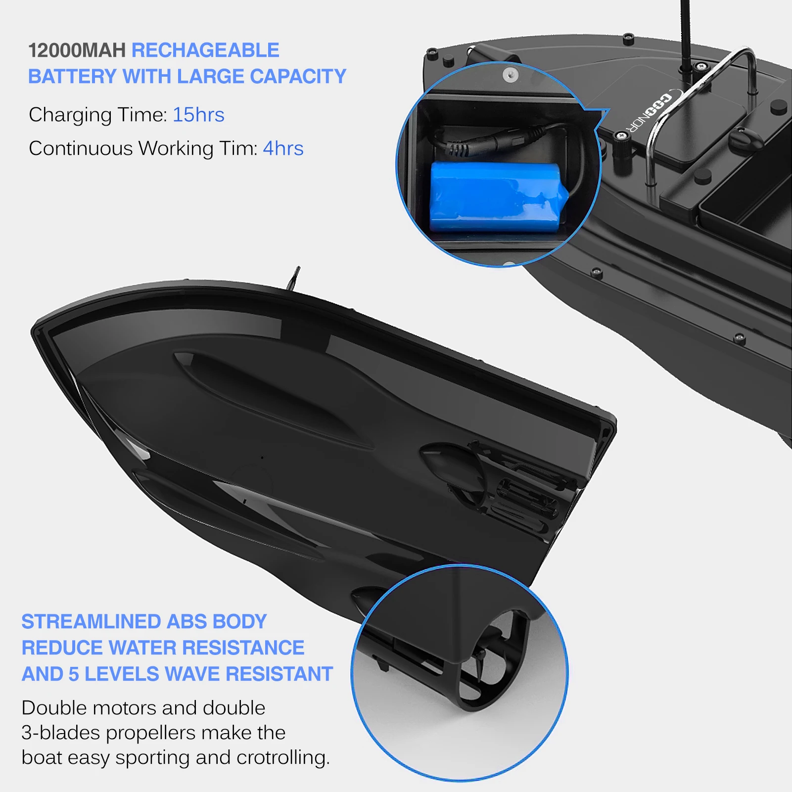 Bateau RC pêche GPS 400-500m avec grand conteneur appâts