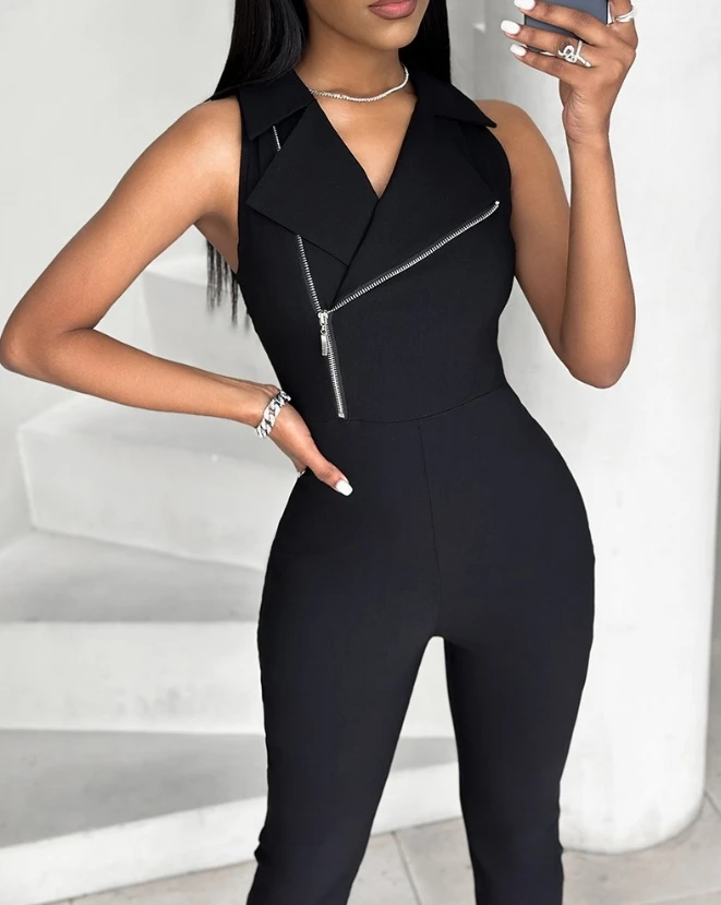 Women's Fashion Asymmetrical Neck Zipper Design Jumpsuit Temperament Commuting Female Sleeveless Casual Skinny Long Jumpsuits