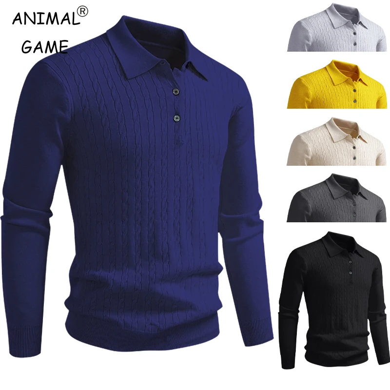 Animal Game Mens Polo Shirts V Neck Long Sleeve Knitted Button Polo Sweaters Casual Dress Pullover Outdoor Men's Cold Blouse