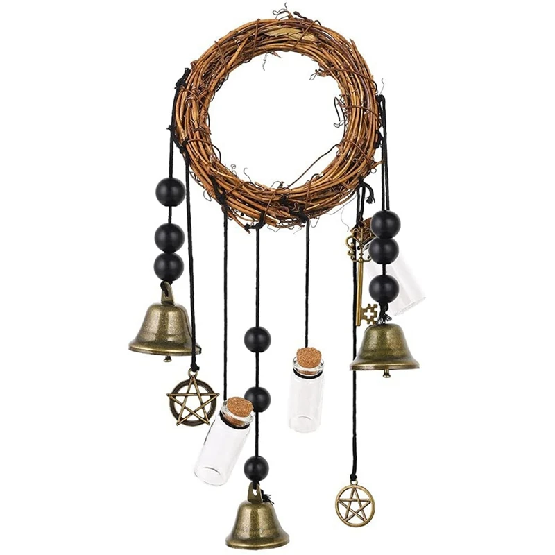 

Witch Bells Protection Door Hanger Pentagram Witch Bells Wreath Handmade Wind Chimes Witch Rattan Bells For House Decor