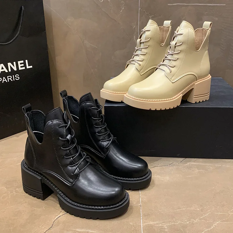 

Boots 2023 New Autumn and Winter Women's Shoes Retro British Leather Boots High Heel Ankle Boots Platform Shoes