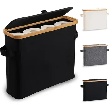 Bamboo toilet paper holder with lid - Self-contained bathroom organizer with handle, enclosed tissue storage box 1