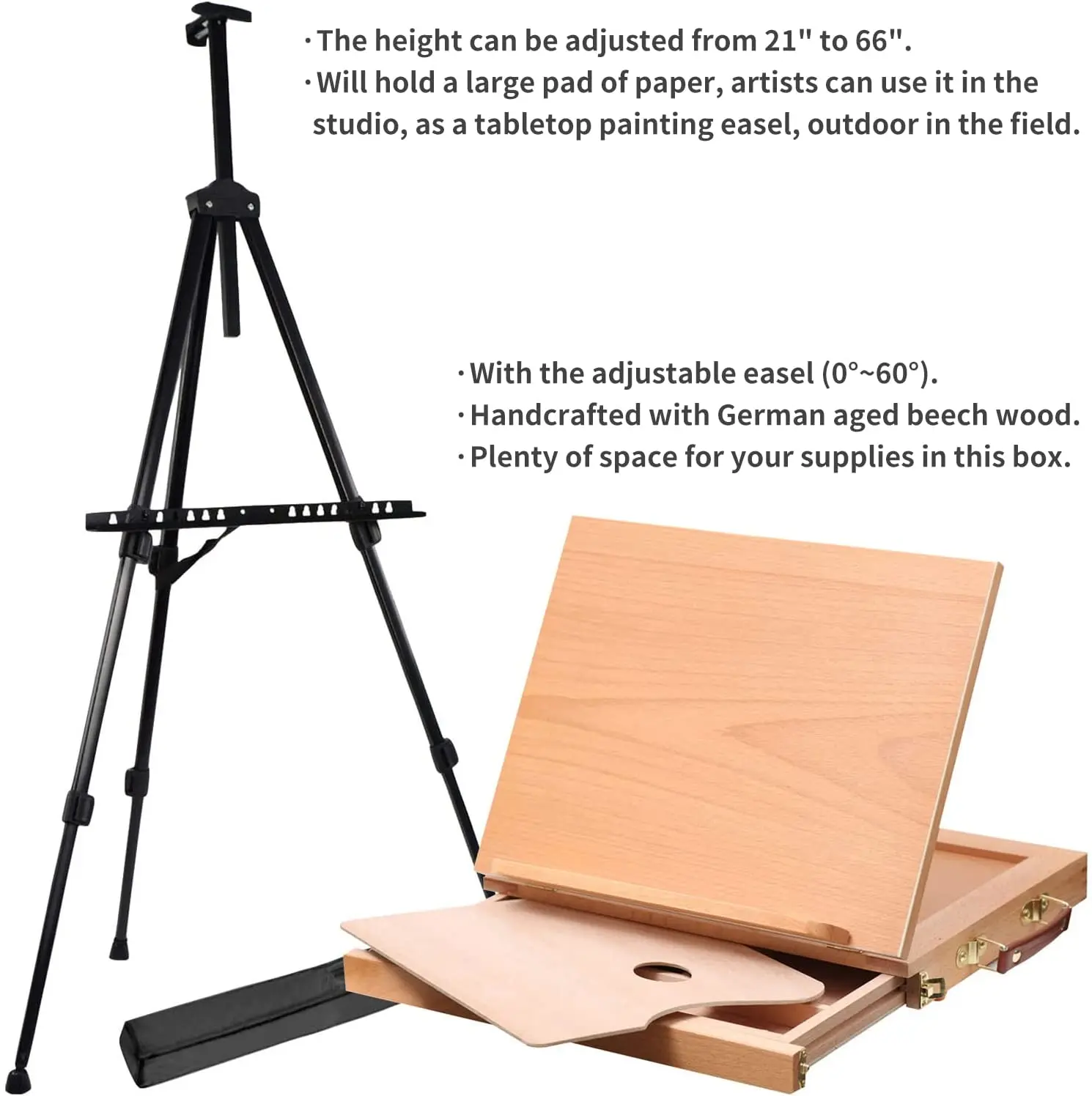  MEEDEN Large Painters Easel Adjustable Solid Beech Wood Artist  Easel, Studio Easel for Adults with Brush Holder, Holds Canvas up to 48
