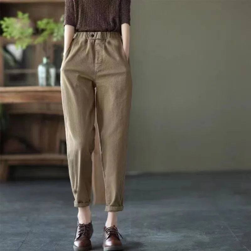 Women's 2024 Spring and Autumn New Retro Panel Elasticized Button Pocket Fashion Solid Color Casual Thin Versatile Harlan Pants