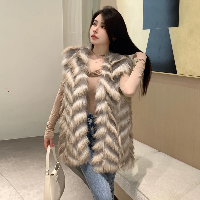 2024 Winter Fall New Arrivals Women Faux Fur Coat Sleeveless Contrast Color Korean Fashion Girls Faux Fur Vest
