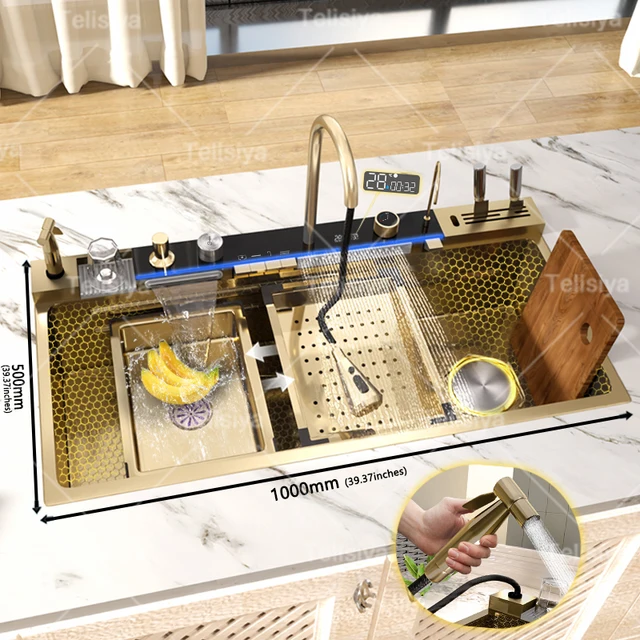 สแตนเลสสตีลอ่างล้างจานมัลติฟังก์ชั่น้ําตก Outlet SINGLE SLOT ปุ่มเปียโนจอแสดงผลดิจิตอล 1
