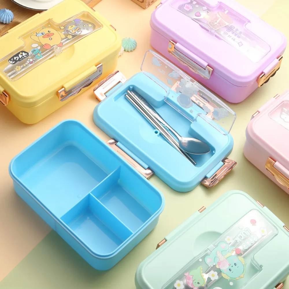 Cartoon Student Lunch Box with Cutlery Bento Lunch Box for Children Kawaii Dinosaur Heated 3 Grid Sandwich Snack Cute Tableware