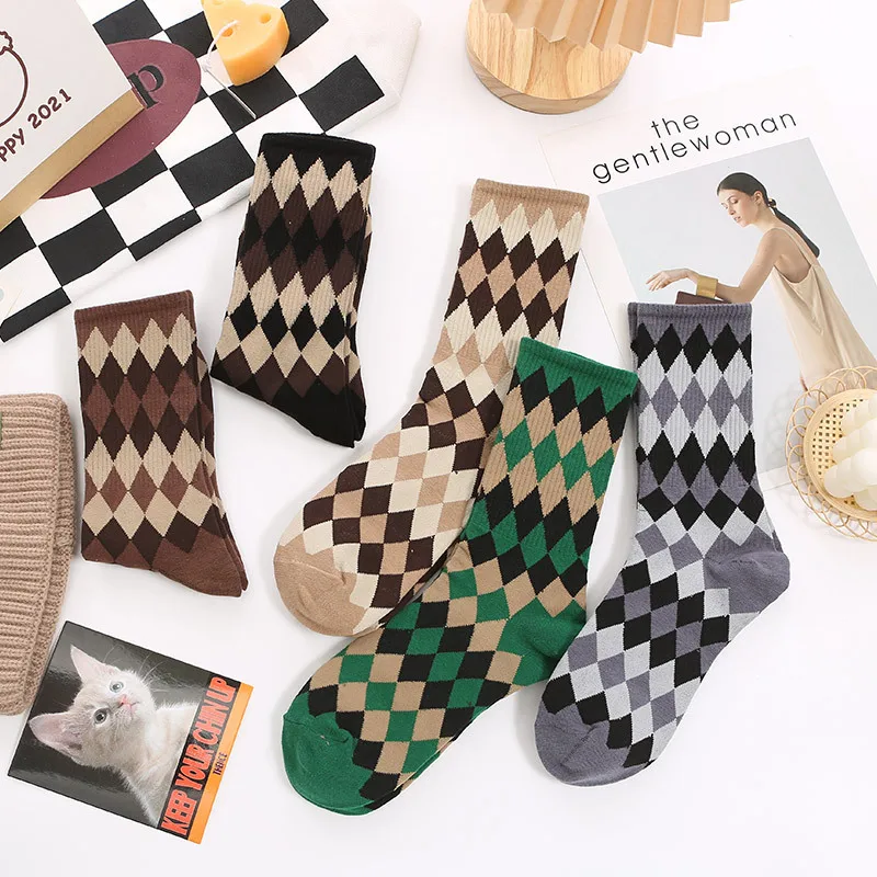 

1 пара, винтажные носки в стиле Харадзюку, в японском стиле колледжа, ретро, с бриллиантовым узором, вязаные кавайные носки для девочек, женские носки