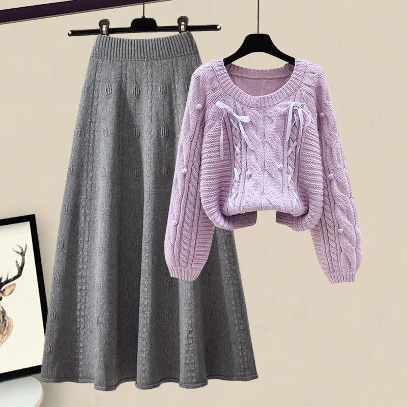 Autumn and Winter Set 2023 New Korean Large Women's Dress Style Lazy Knitted Sweater Slim Half Skirt Two Piece Set