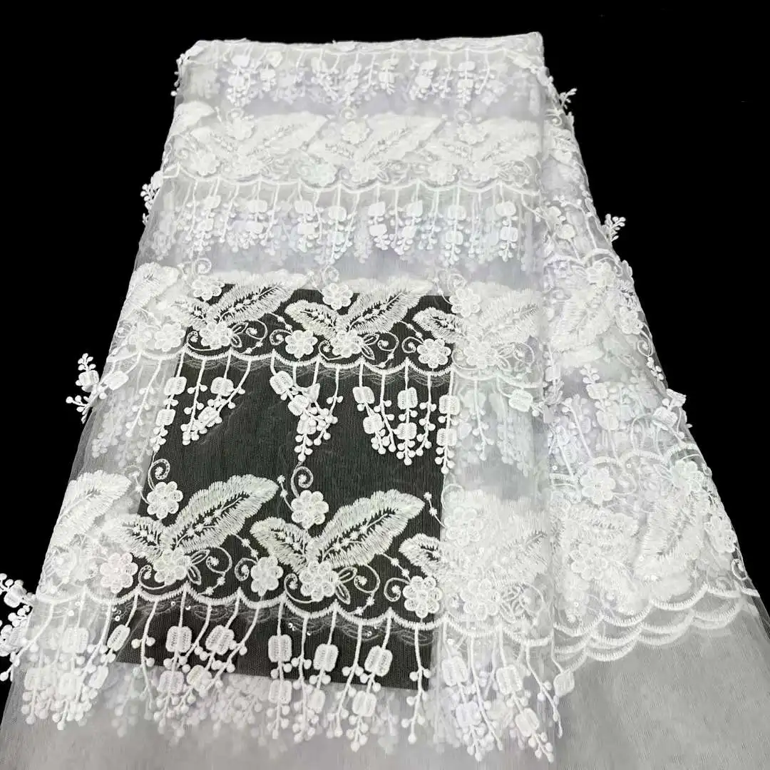 

White African Tulle Net Lace Fabric 2023 High Quality Embroidery French Lace Fabrics For Nigerian Wedding Party Dress Sewing