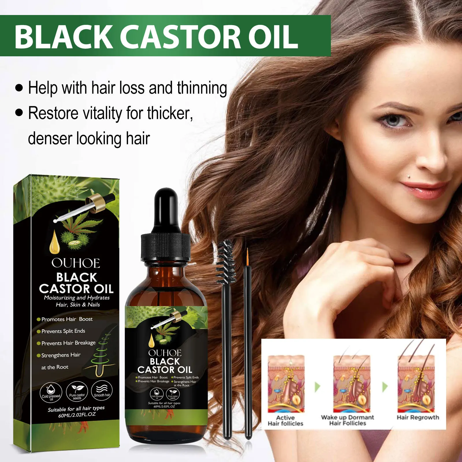 60ml Ouhoe Castor Oil Dense Hair Liquid Repair Hair Damage Anti-Hair Loss Solid Hairs Soft and Bright Hair Care Essential Oil popular 925 sterling silver new moon and bright star beaded hook earrings with dense set beaded earrings diy charm jewelry