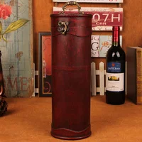 Vintage archaistic Single Red Wine Box Portable round Wood Wine Box Retro Gift Wine Storage Box Bottle Packag Wth Handle 1
