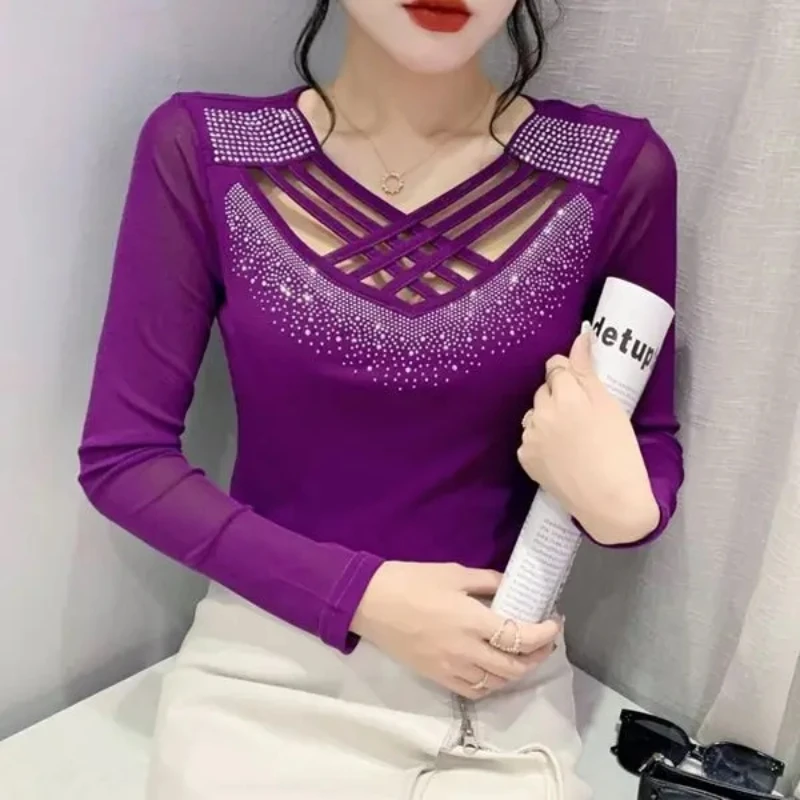 

2024 New Women Mesh Tops Fashion Sexy Cross Hollow Out Hot Diamonds Short Sleeved Shirt Streetwear Elasticity T-Shirt Tee V1120