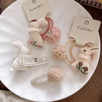 Autumn Winter Sweet 3D Embroidery Cute Rabbit Baby Velvet BB Clips Side Hairpins Girls Sakura Pink Fluffy Pom Pom Hair Ties - Image 4