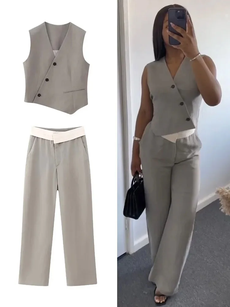 

HH TRAF Female V-neck Waistcoat Pants Suit Asymmetric Sleeveless Single Breasted Vest Casual High Waist Straight Leg Loose Pants