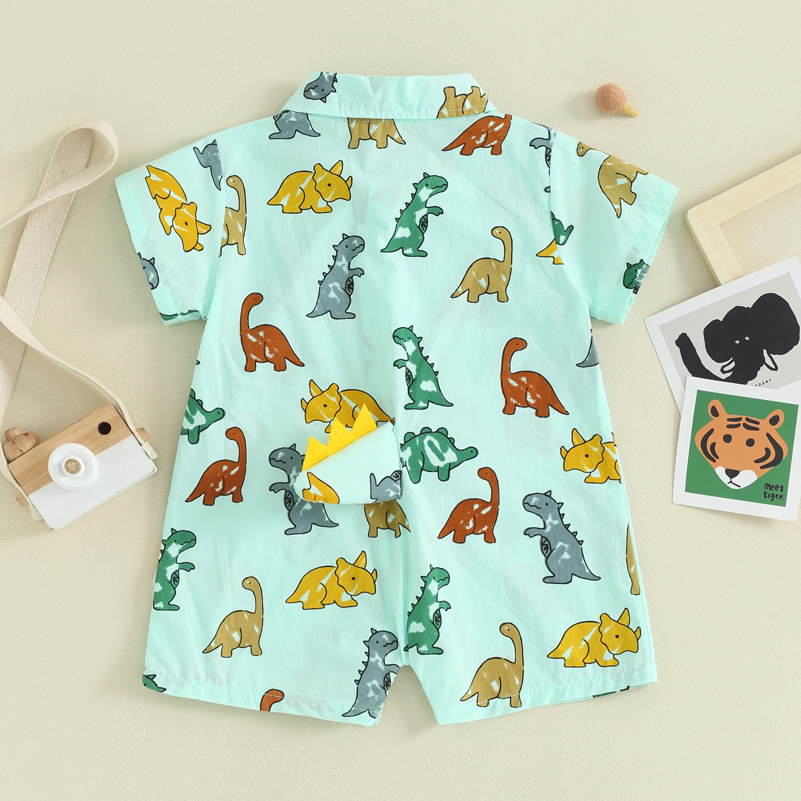 FOCUSNORM 0-3Y Summer Baby Boys Romper Short Sleeve Dinosaur Print Buttons Turn-Down Collar Summer Casual Jumpsuits