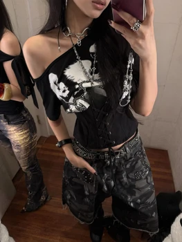 2025 Summer Sexy Slash Neck Tshirts Women Y2k Aesthetic Black Printing Grunge Fairy Tops Harajuku Vintage Bandage Cropped Tees 1