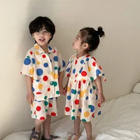 8845 Brother Sister Clothes 2024 Summer New Polka-dot Cotton Girl's Dress Or Boy's Suit Short Sleeve Top+Short Two Piece Suit