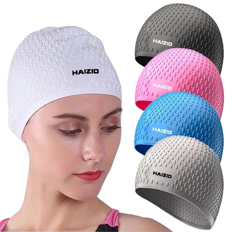 

1PC Men Free Size High Elastic Swimming Cap Women Silicone Stretch Drop Shape Hat Swimming Waterproof Ear Guards Long Hair Cap