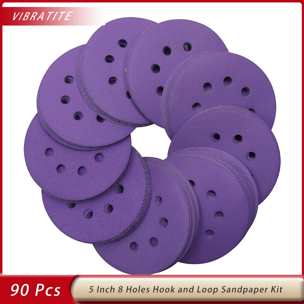 5 Inch Sanding Discs 90Pack 8 Hole Hook & Loop Assorted Professional