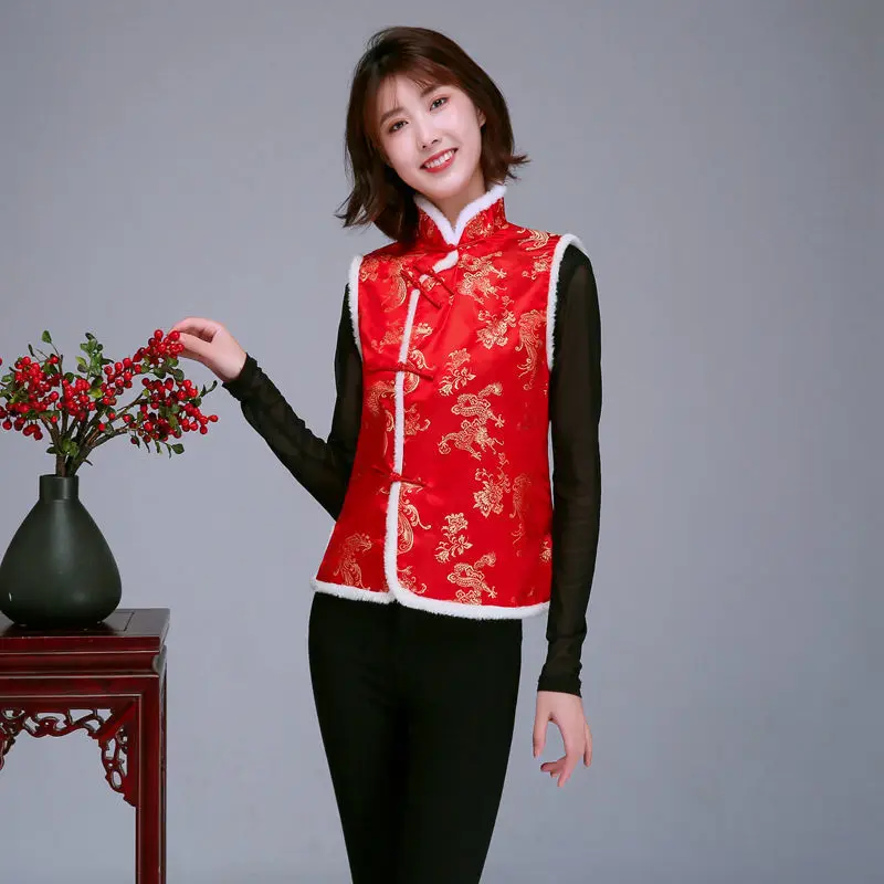 Chinese Style Top China New Year Traditional Clothing 16Colour Women Tang Suit For Adult Winter Cotton Fur Thick Hanfu Vest