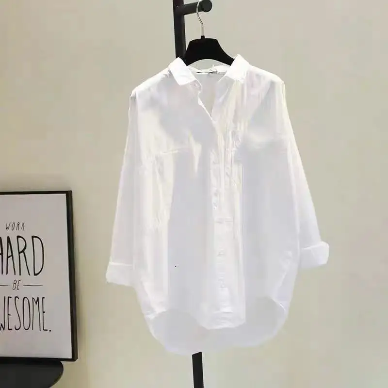 

Spring Autumn Women Shirts White Plain Loose Oversized Cotton Blouses Female Tops Loose BF Korean Style Blusas Pockets 2022