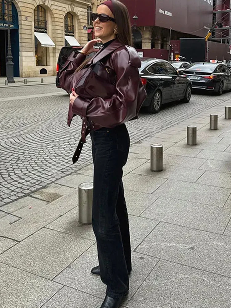 Elegant Women Long Sleeve Leather Jacket Vintage Turn-down Collar Female Short Coat Autumn New Ladies Locomotive Tops Outwear 3