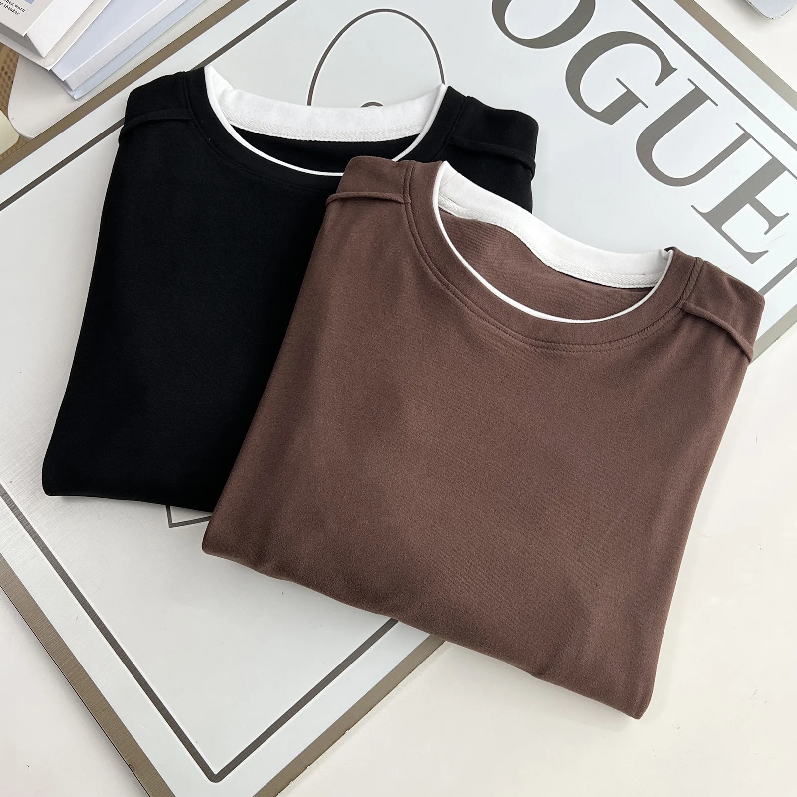 XXXXL Fashion Plus Size Women's T-Shirt Simple Block Color Long Sleeved DE Velvet Warm Base Tops For Autumn And Winter 2435