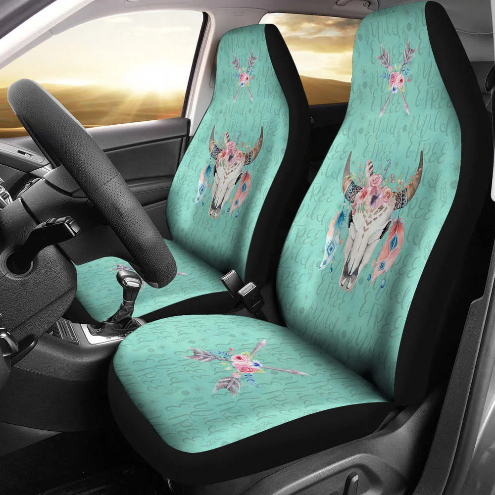 

Cow Skull Boho Wild and Free Script Background Car Seat Covers Turquoi,Pack of 2 Universal Front Seat Protective Cover