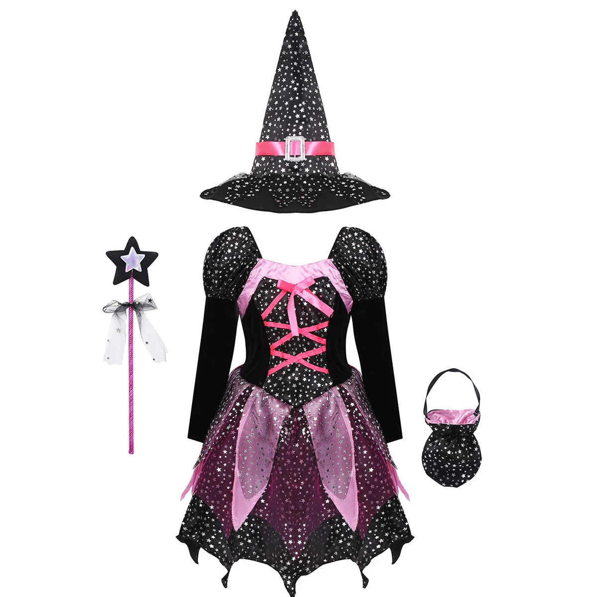 

Kid Girls Halloween Witch Costume Sparkly Silver Stars Printed Carnival Cosplay Dress with Pointed Hat Wand Dress Up Clothes