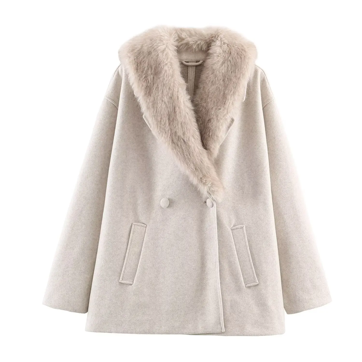 Autumn Winter Women Woolen Jacket Fur Collar Long Sleeve Women's Coat Loose Female Casual Outerwear Lady Tops ﻿