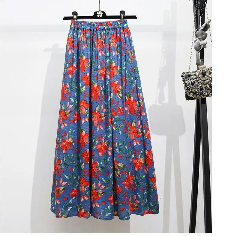 Refreshing Summer Casual Travel Mother Elastic Waist Women Skirt Harajuku Print Pretty Azalea Flowers Blue Beach Skirts Female black mini skirt