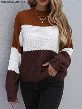 2025 inverno solido patchwork maglione lavorato a maglia donna manica lunga pullover allentato autunno signora mezzo collo alto maglione caldo casual 1