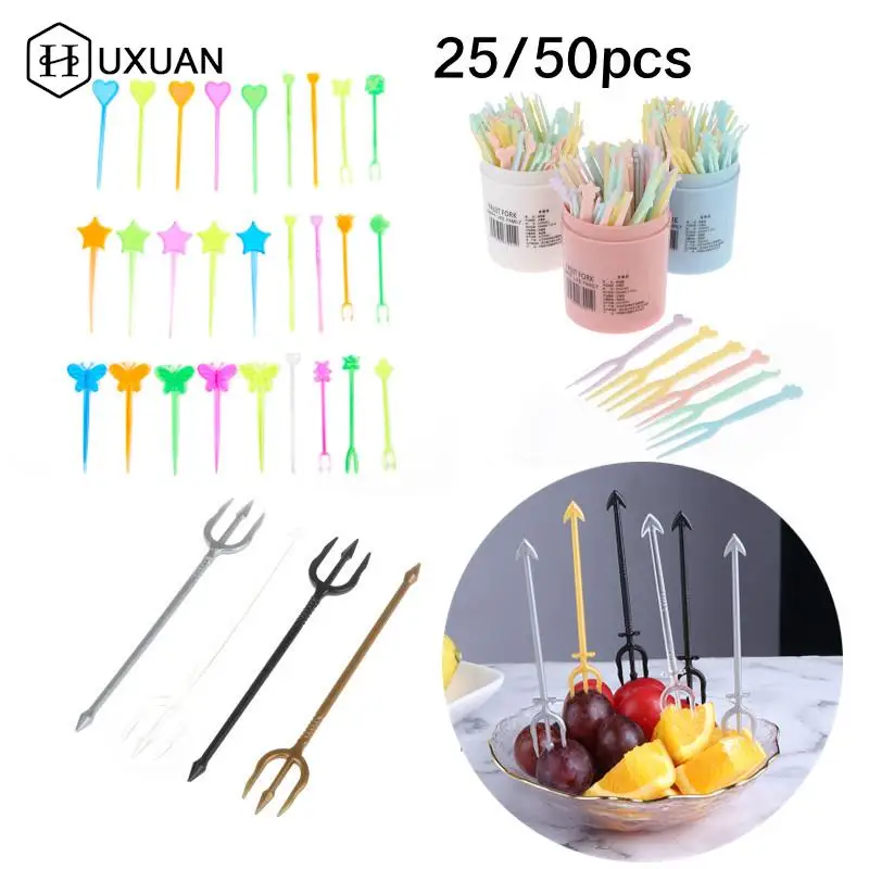 

25/50pcs Japanese Style Sweet Candy Color Mini Fruit Picks Child Kids Star Heart Fish Fork Handle Snack Dessert Forks Bento
